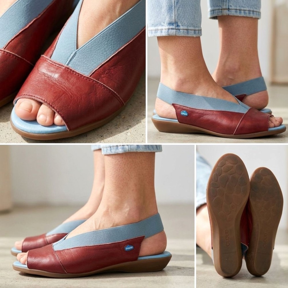 Cloud Footwear Caliber Red Blue Leather Peep Toe Slingback Sandals Sz 38 US 7.5